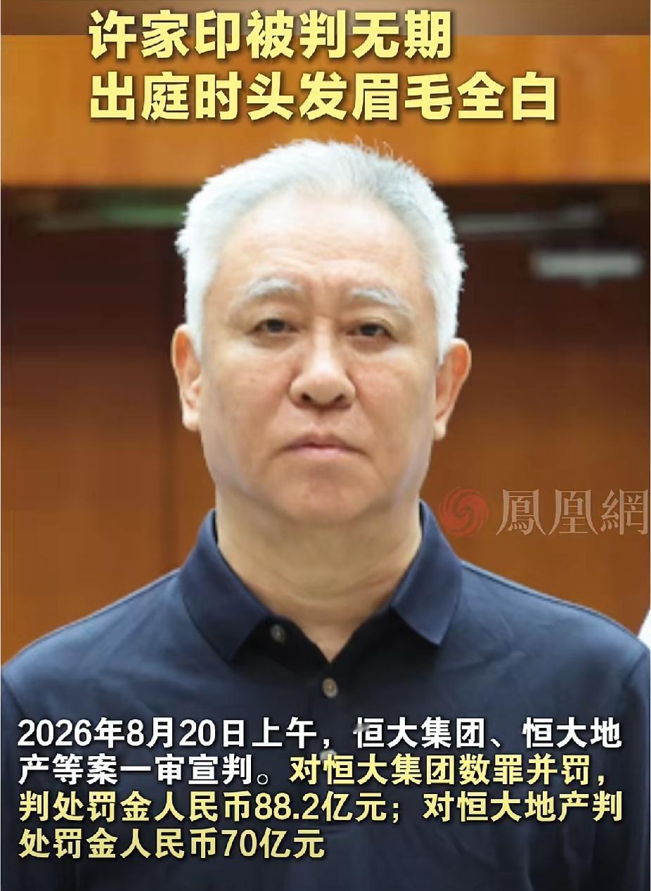 许家印被判无期，出庭时头发眉毛全白。
