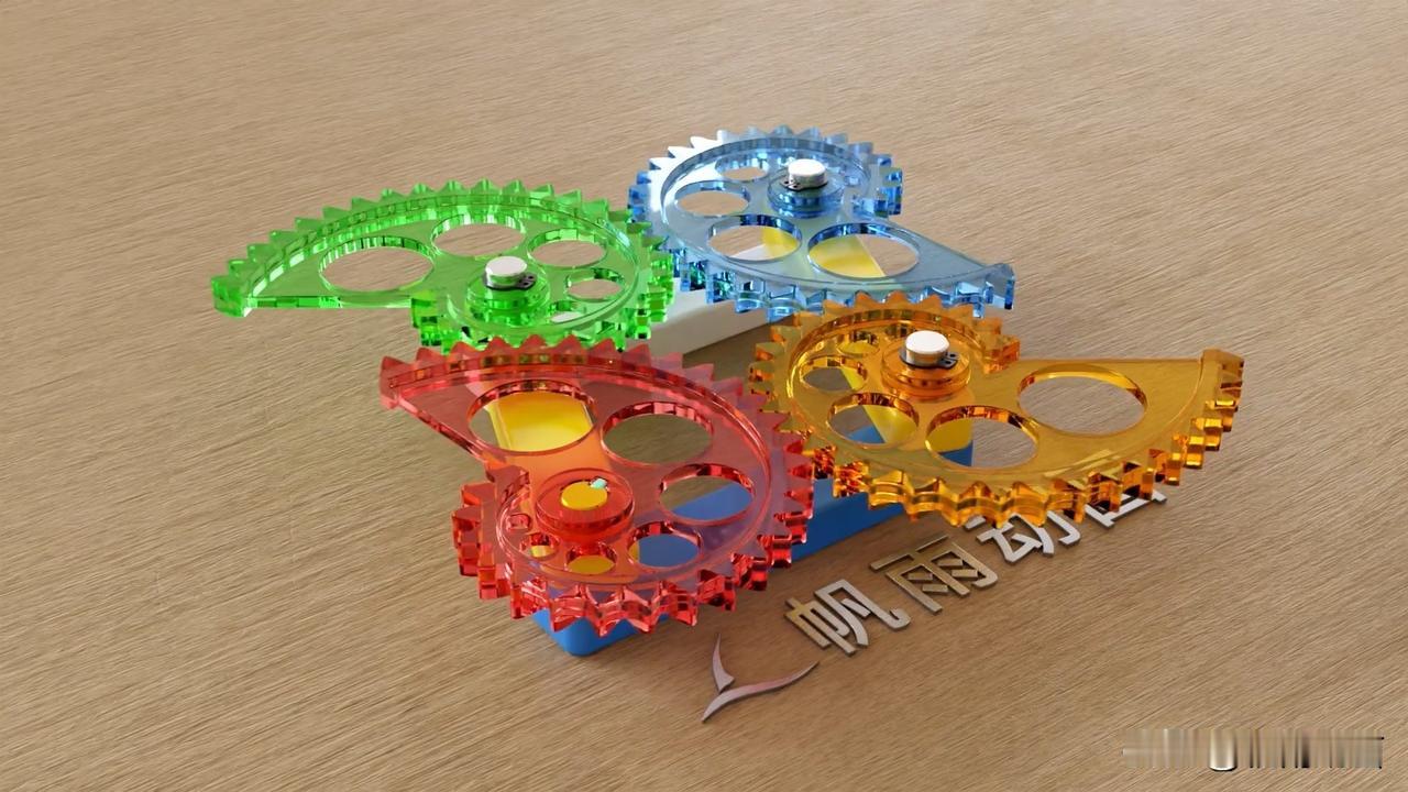 附图中为四个鹦鹉螺齿轮，它们通过连杆连接在一起。
其中蓝色的杆件是机架，也就是说