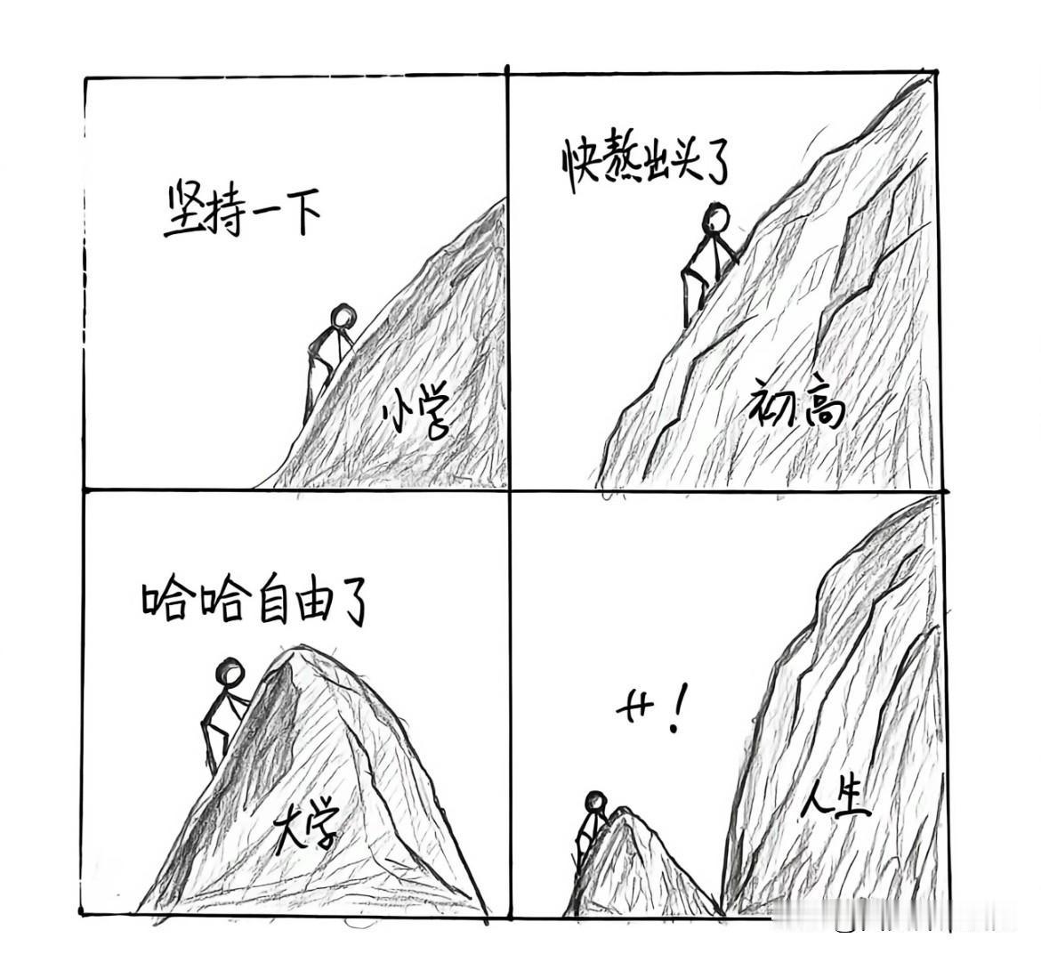 总以为熬过小学，熬过初高中，读完大学，就能获得自由。
拼尽全力爬上大学的山顶，才