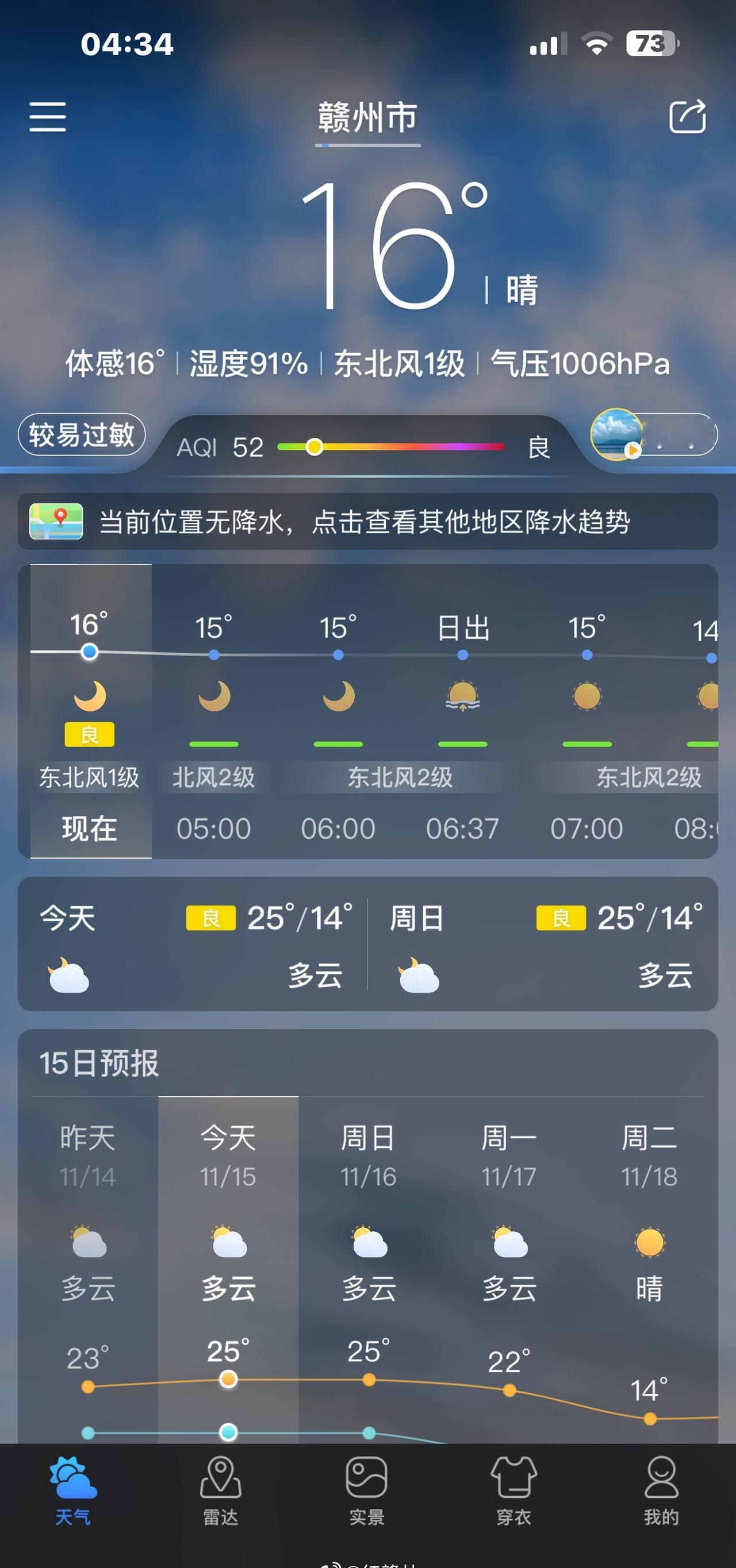 赣州市， 今天多云，25℃ /14℃ ，北风2级，空气质量 良 —11月15日