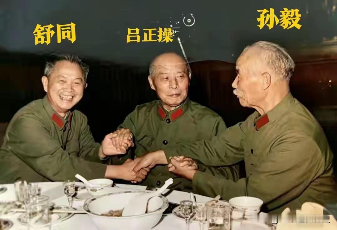 这张合影留存了舒同、吕正操、孙毅三位开国革命前辈相聚的温馨时刻。
三人皆身着绿色