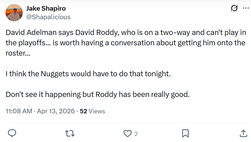 力挺罗迪！阿德尔曼赛后表示，大卫·罗迪——这位双向合同、无法出战季后赛的球员……