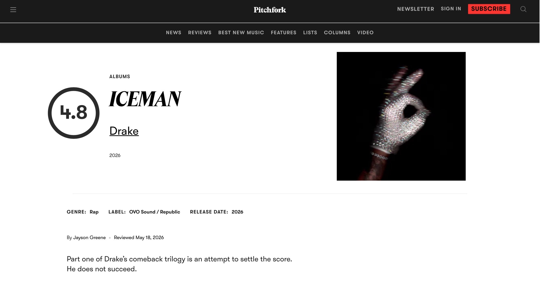 【乐评速递】Drake 三张全新专辑之一『ICEMAN』获乐评机构 Pitchf