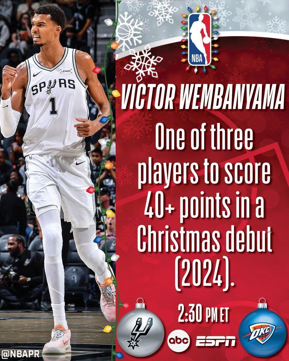 去年的维克托·文班亚马成为第三位在圣诞大战首秀中得到40+分的球员：• 45分 