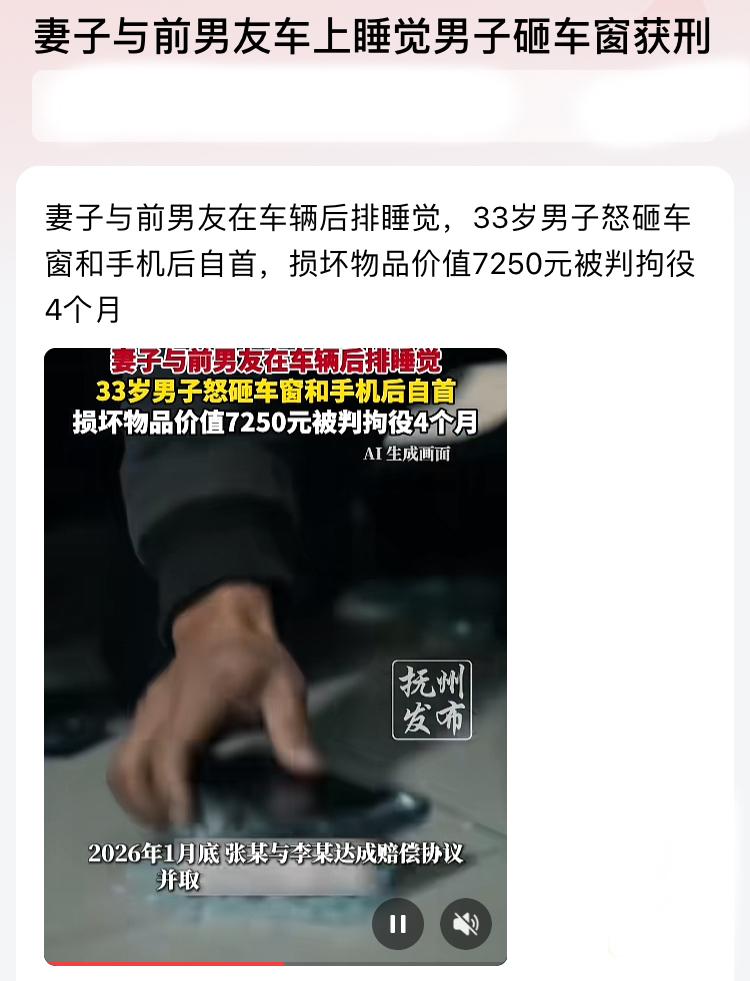 一名男子的妻子在车里和前男友睡觉，男子怒砸车窗获刑，这判决过于不近人情了，砸车窗