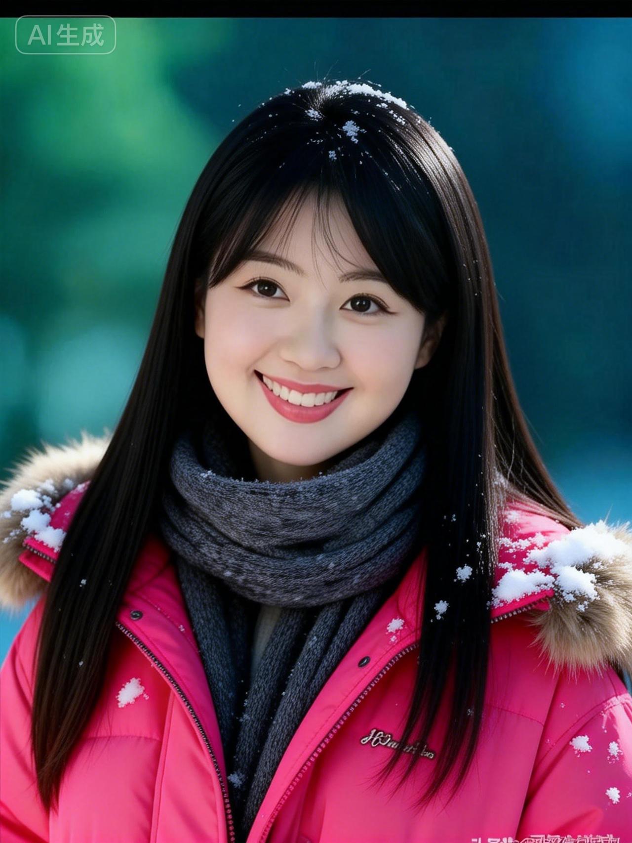 雪中美人笑，寒冬暖意生。