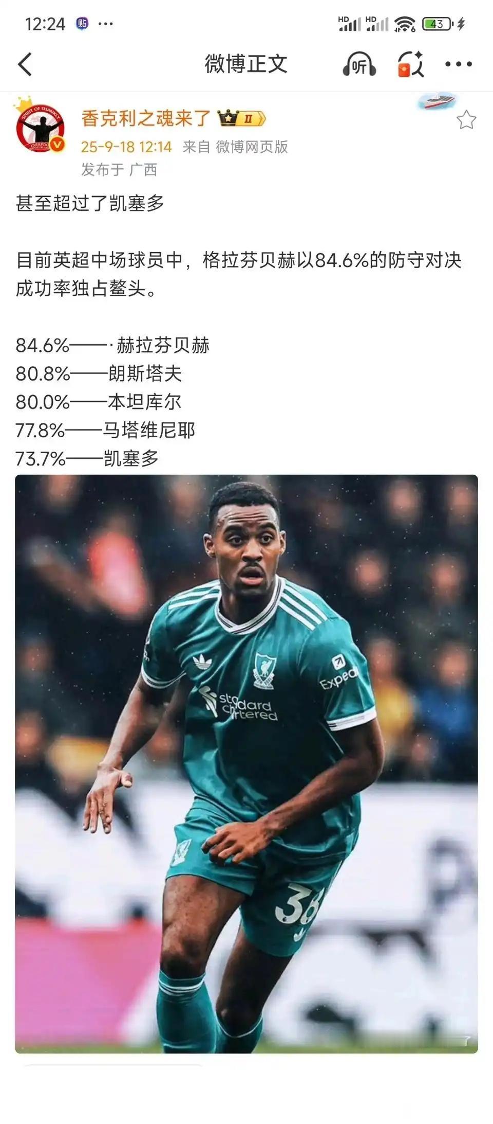 很多人都说赫拉芬贝赫是英超第一后腰，这个数据一出来，确实那么回事。

在防守端，