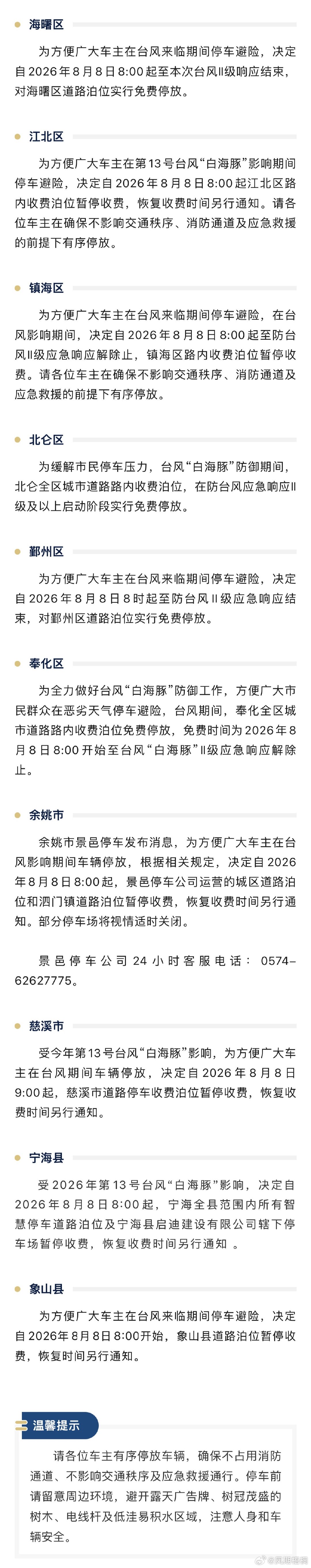 【白海豚影响期间宁波全市道路泊位对市民免费开放 】宁波已提升防台风应急响应至Ⅱ级