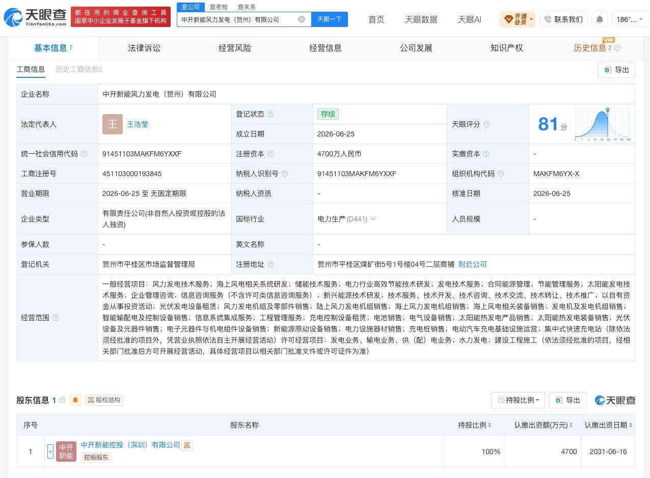 中国南山在深圳成立新公司 注册资本4700万
天眼查App显示，近日，中开新能风