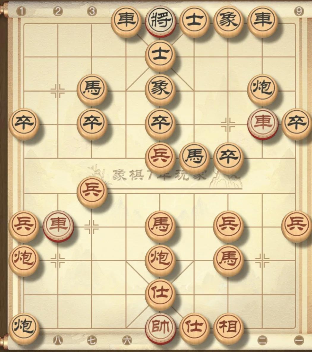 两次弃车殿胜局！
下图是红中炮盘头马对屏风马形成的局面，红中路强攻，又牵着无根车