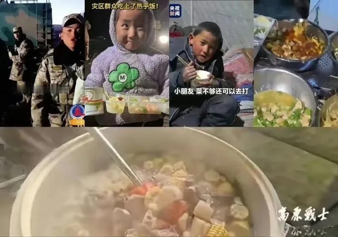 西藏是零下的寒冷天气，每人手上还有热乎乎的饭菜，炊事班的士兵们用大锅不停的炒菜炖