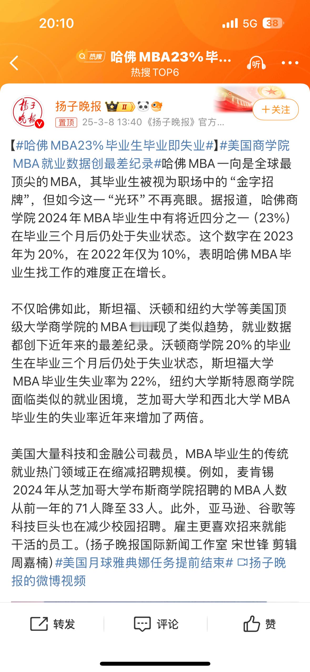 哈？哈佛的MBA就业率都这么费劲了？时代真是变了啊….哈佛MBA23%毕业生毕业