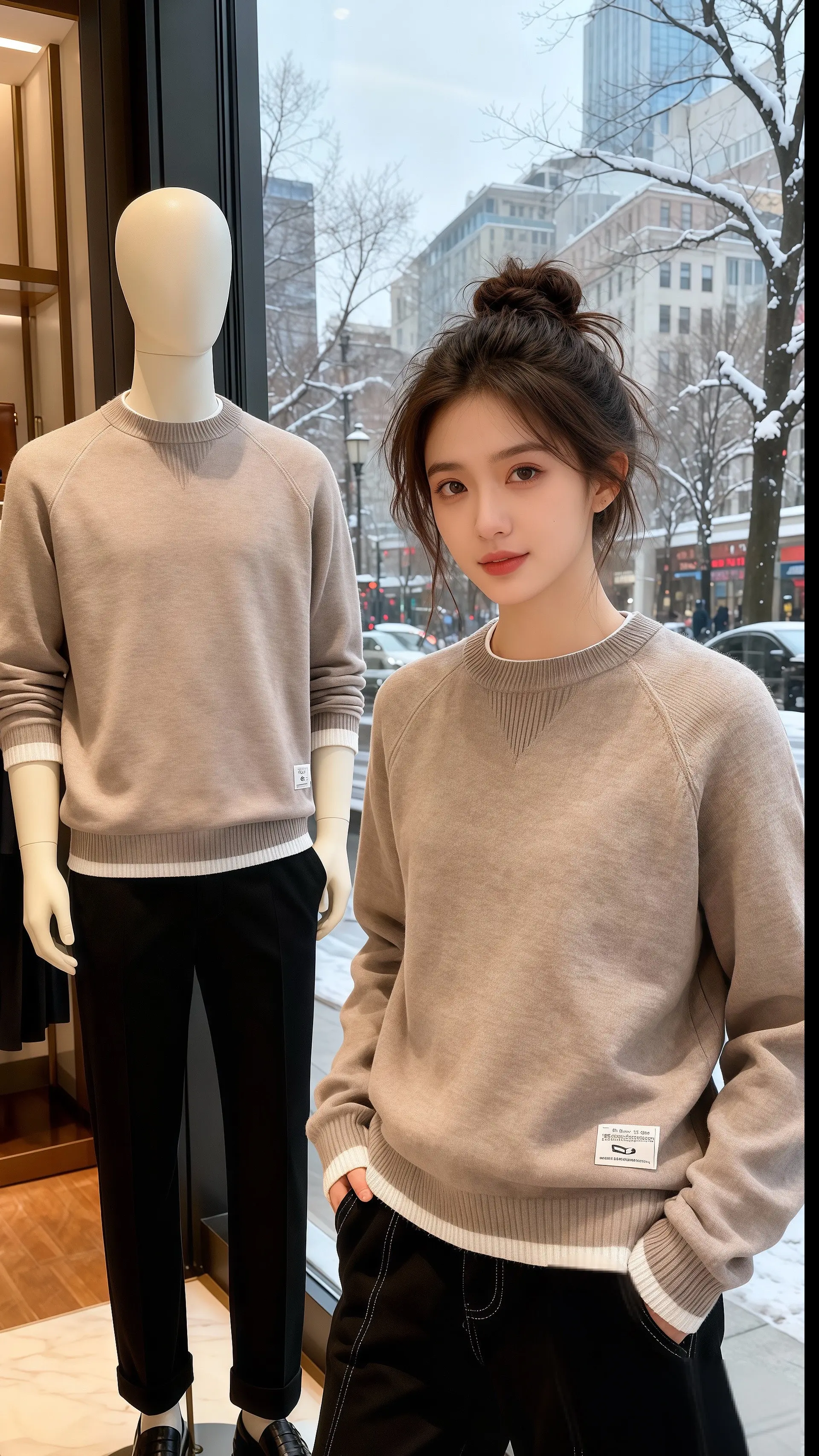 雪落满橱窗那天，我在男装区撞见她——浅驼色毛衣裹着软乎乎的肩，袖口那圈...