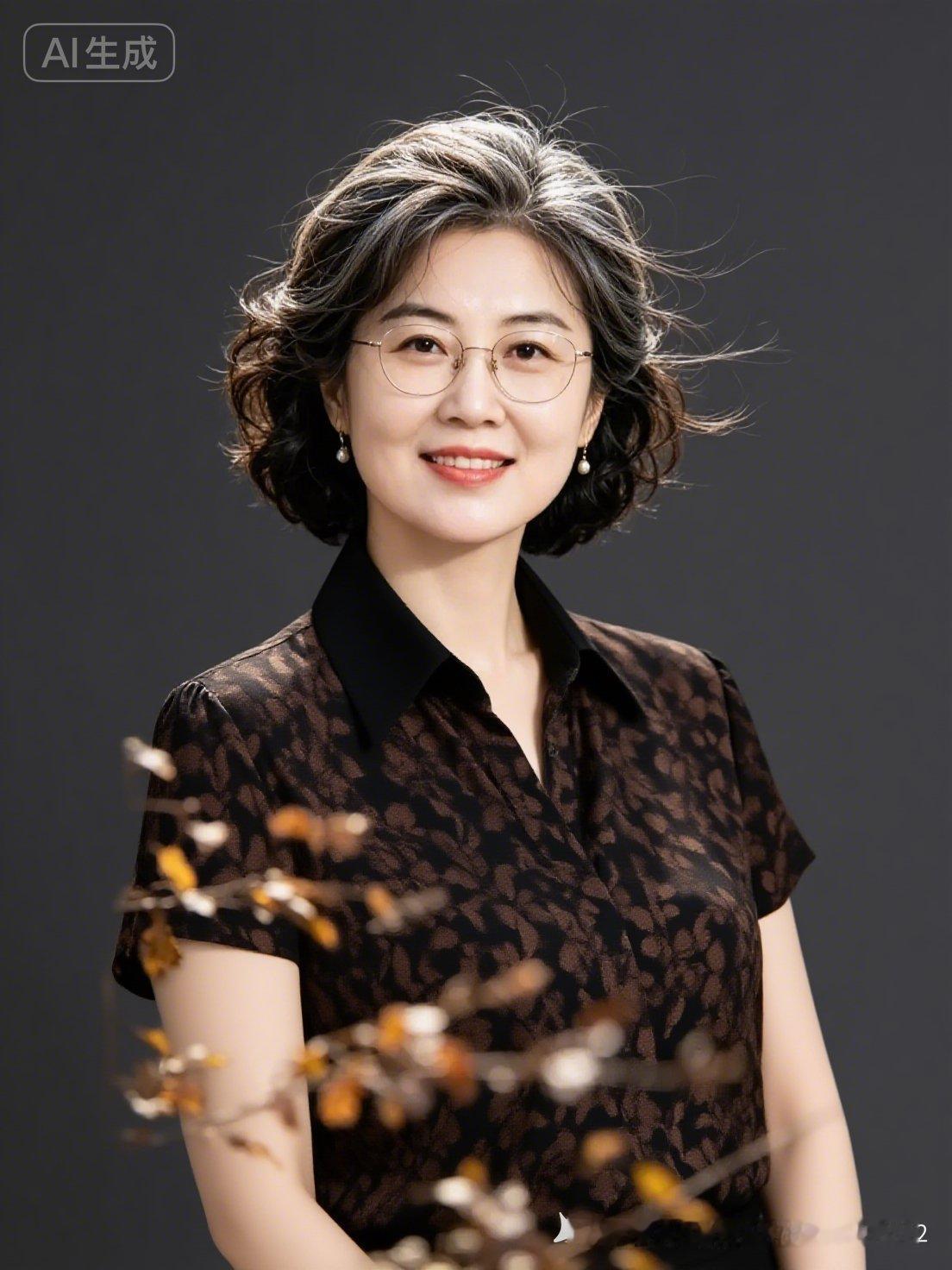 知性芳华
 
霜鬟微卷韵端庄，
玉镜轻涵慧目光。
褐印花衫玄领衬，
温颜浅笑淑仪