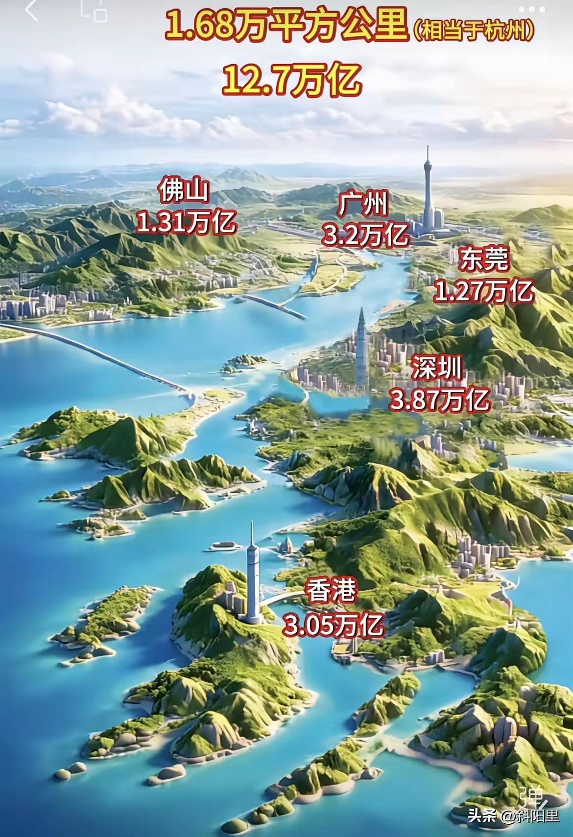 粤港澳大湾区五做万亿城市，总面积只相当于杭州的面积，经济高达12.7万亿。粤港澳