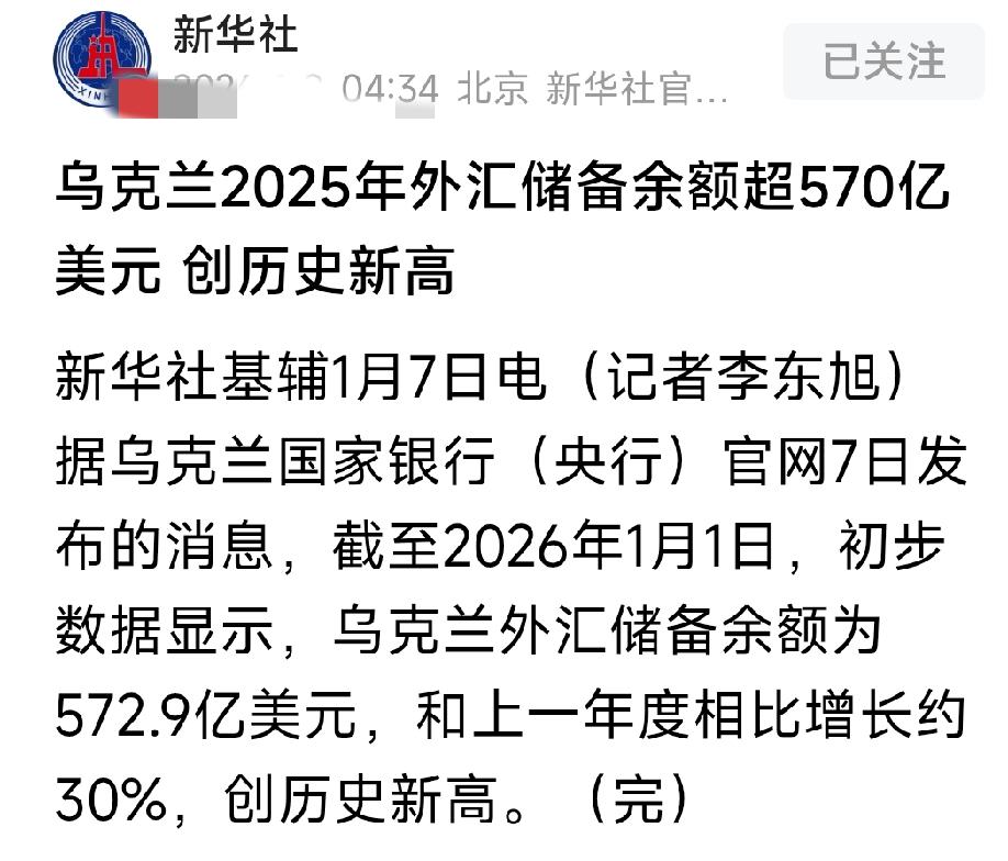 太意外了！乌克兰2025年外汇储备余额竟然超过570亿美元，创历史新高！据乌克兰