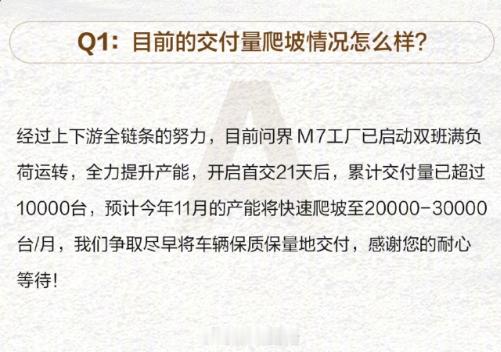 全新问界M7 下月产能预计能到2-3万/月，11月3日前锁单的用户，今年内不能交