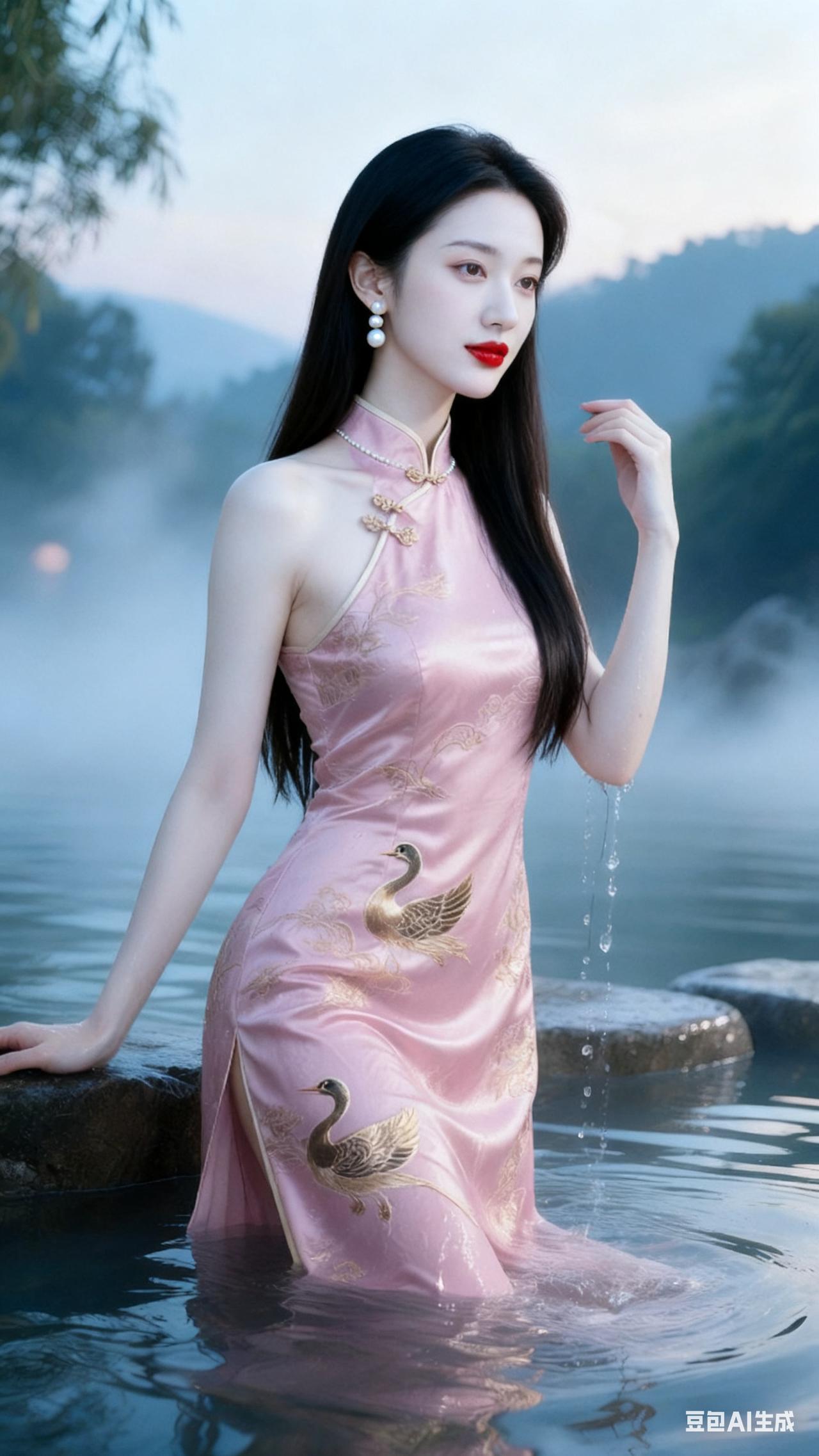 仙气缭绕的粉色旗袍，水中仙子般的优雅姿态