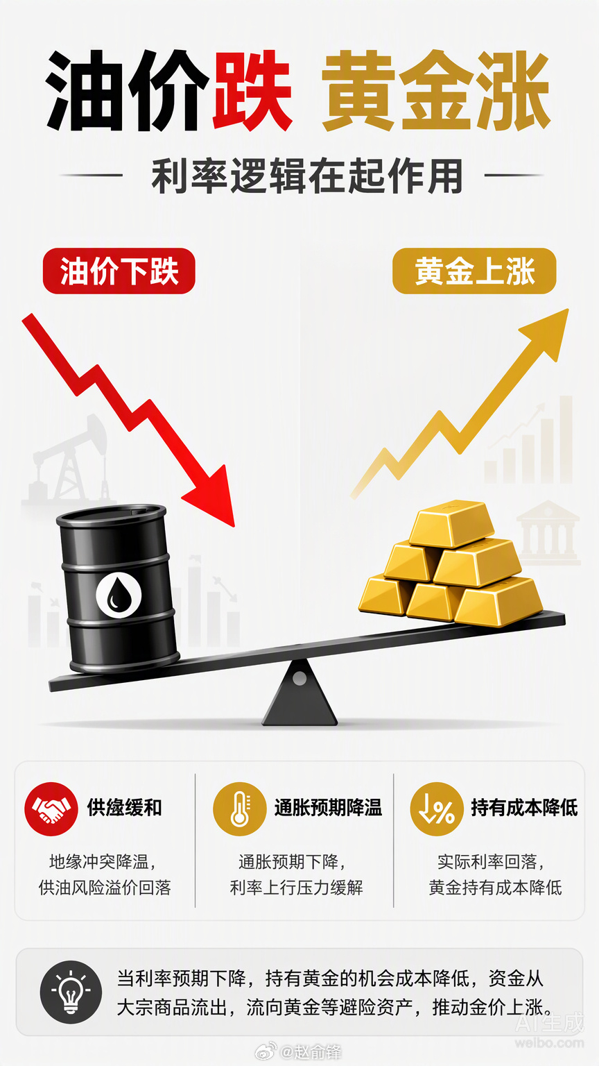 国际油价跌了，黄金反而涨了，这届市场有点“反骨”。很多人纳闷，地缘缓和了不是该避
