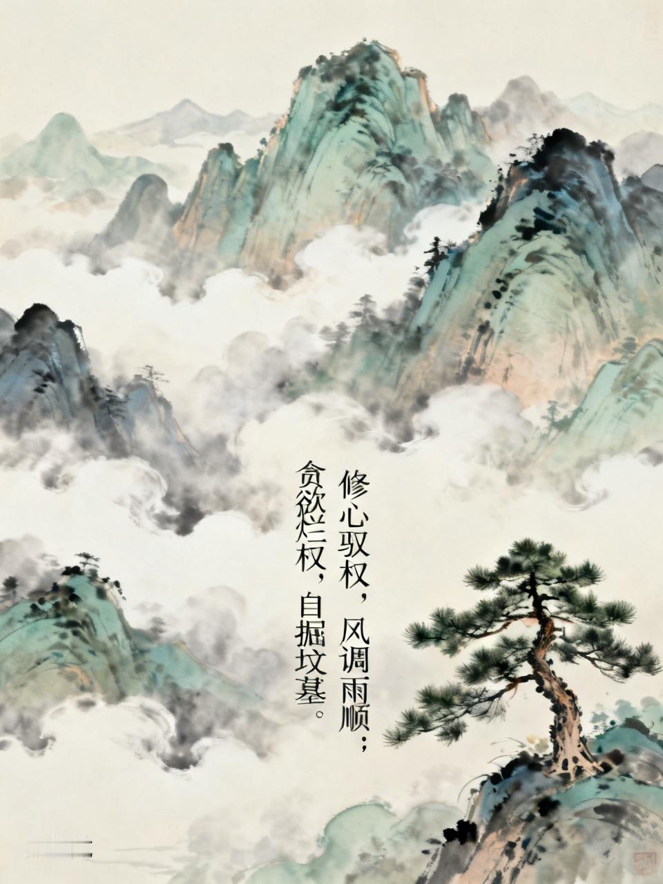 修心驭权，风调雨顺；
贪欲烂权，自掘坟墓。