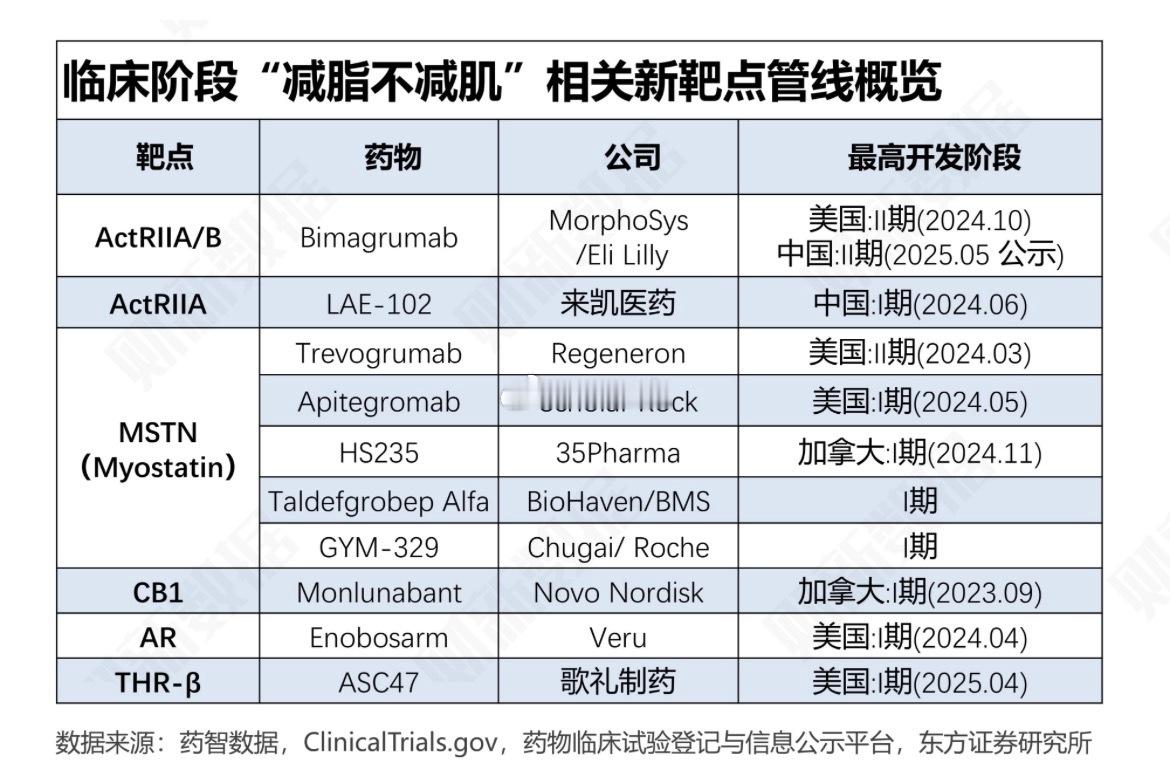 临床阶段“减脂不减肌”相关新靶点管线概览 ​​​