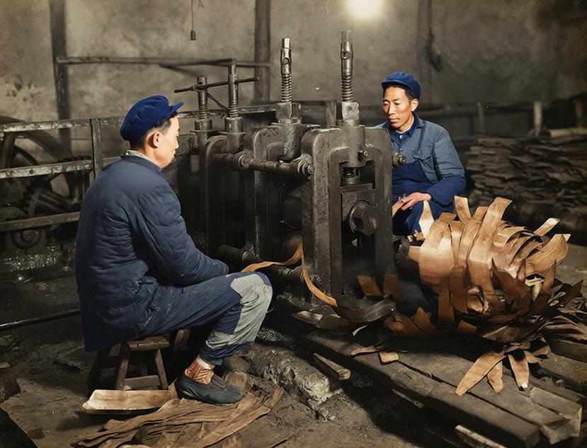 重庆化龙桥地区五六十年代工厂，车间里，两名工人身着厚实的工装，正专注操作一台老式