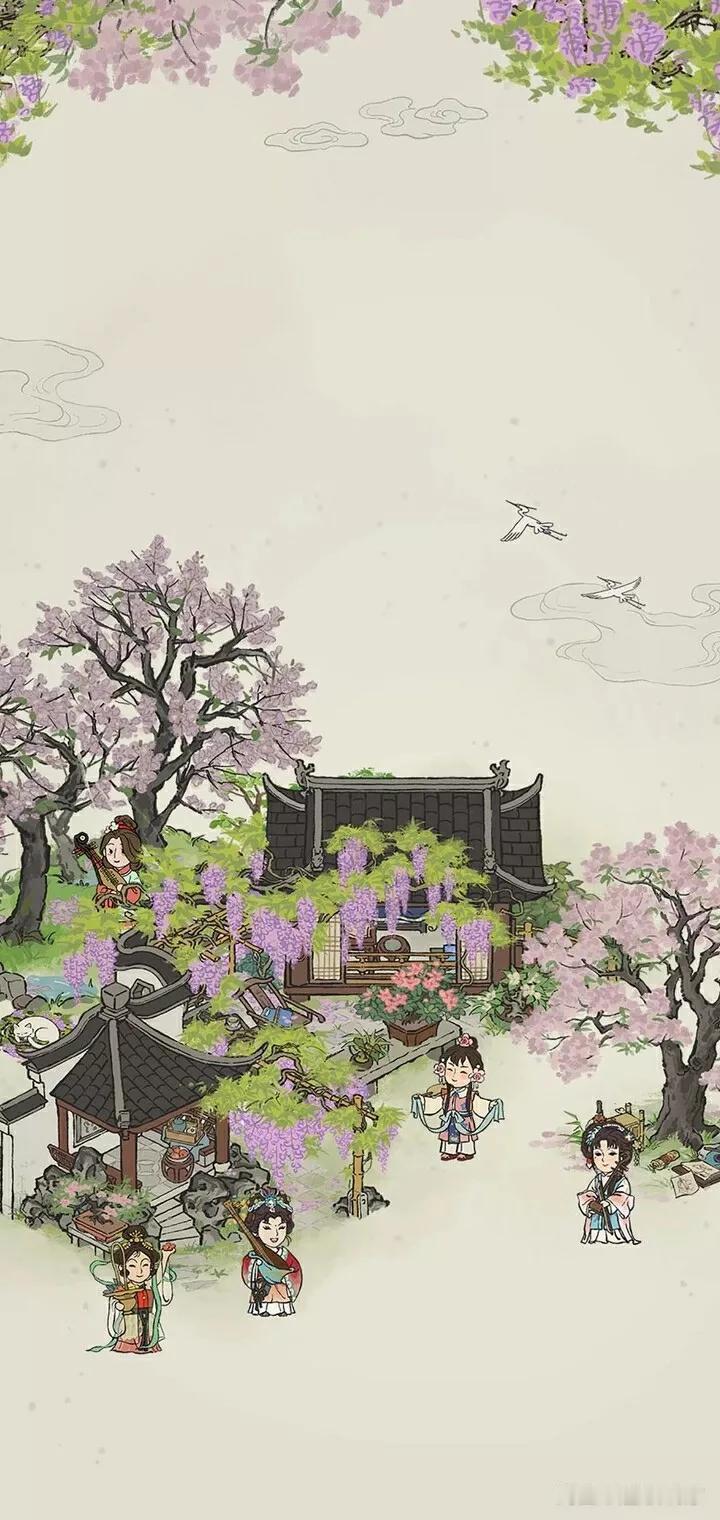 🌸樱花树下的小院，少女们弹琴吟诗，春日美景，诗情画意。