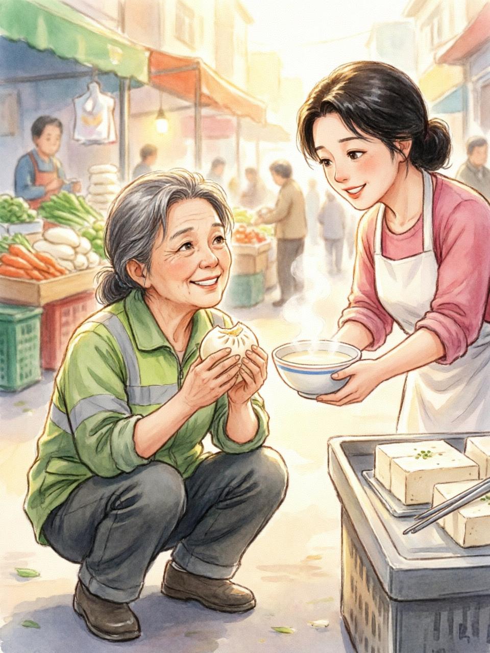 菜市场遇到一位环卫工阿姨，蹲在路边吃馒头。

旁边卖豆腐的大姐走过去，默默放下一