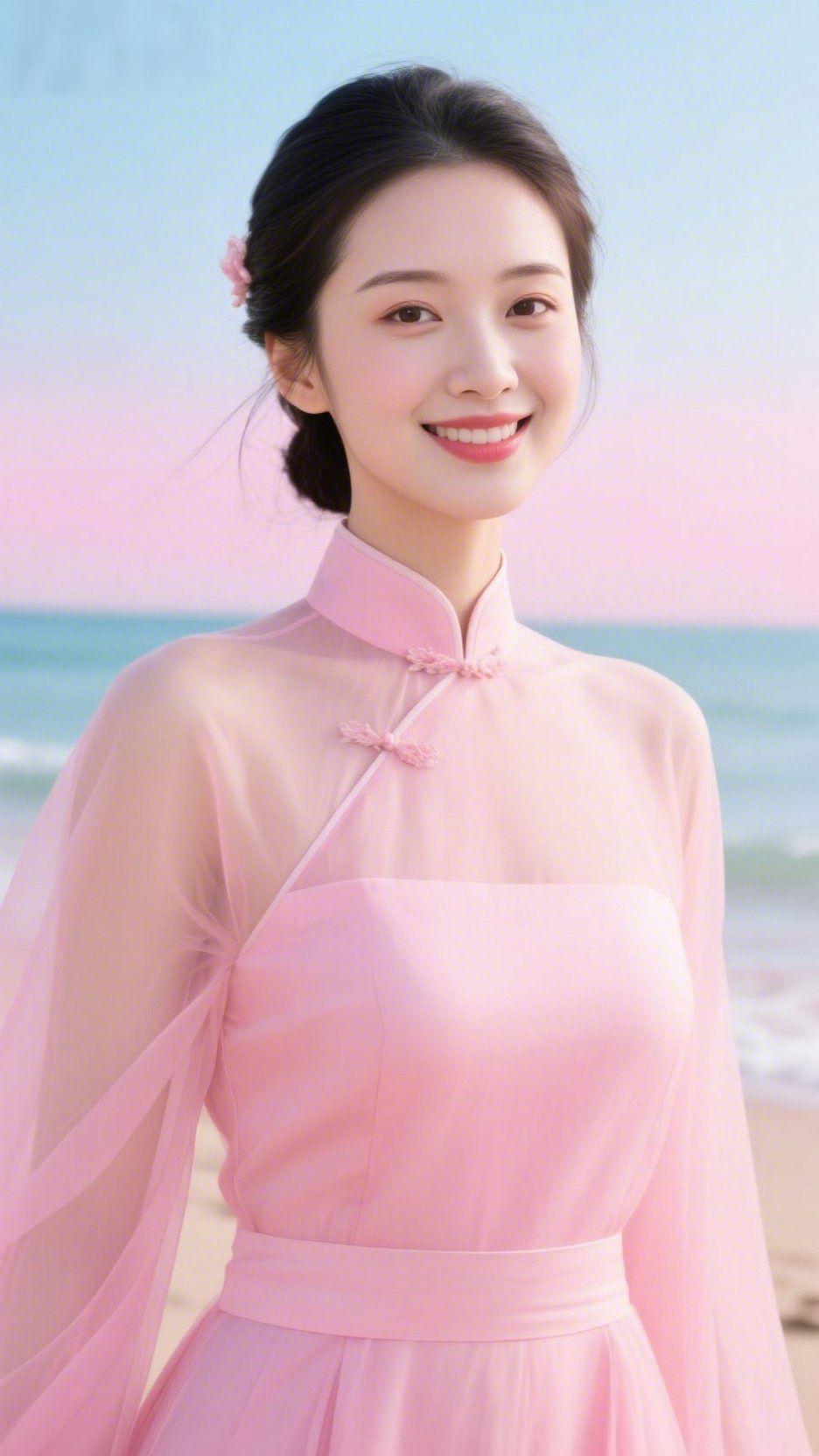 《粉纱海畔裹柔意》
 
海风携着淡粉云霞掠过沙滩，轻透粉纱裙似揉开的云，盘扣挽着