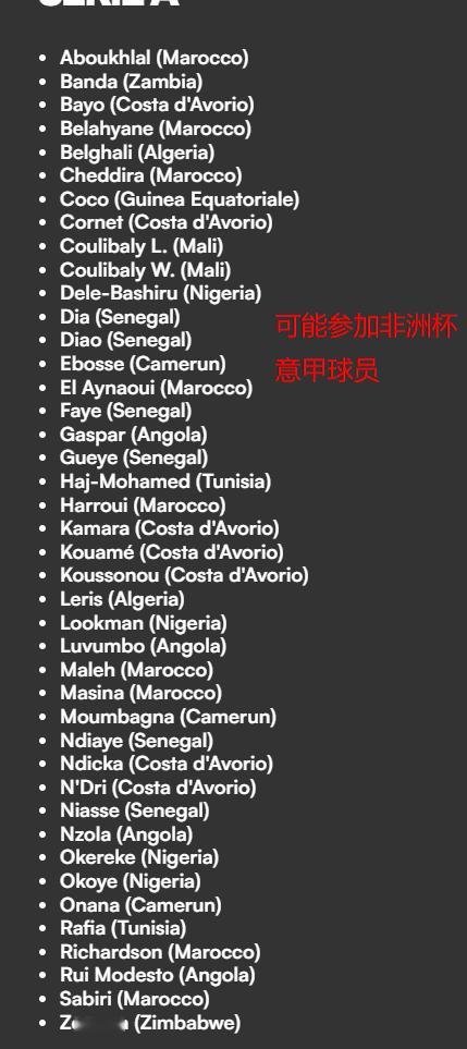 【非洲杯】非洲杯12月21号开幕-2026年1月18号决赛，意甲可能参加非洲杯的