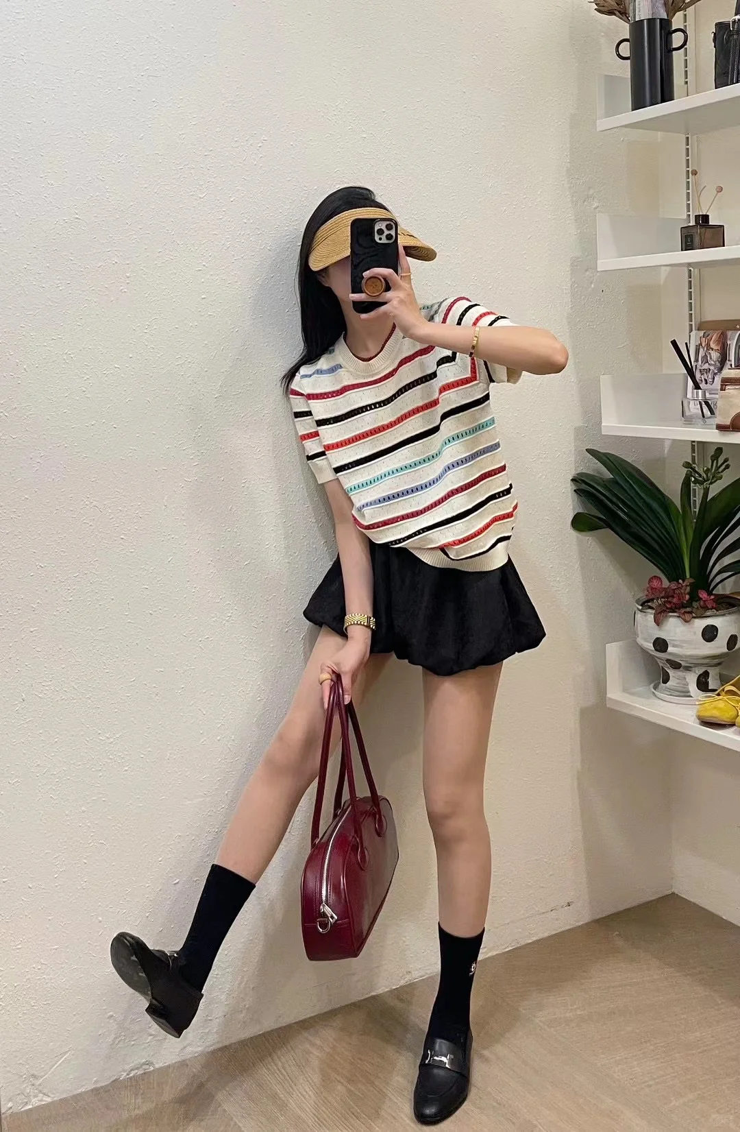 韩系经典翻领条纹针织上衣