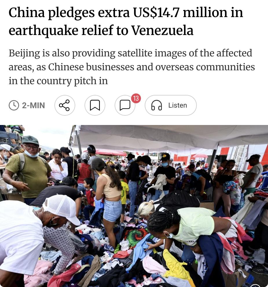 外媒：中国追加1.47亿元物资援助委内瑞拉震区

中国宣布向委内瑞拉追加价值1亿