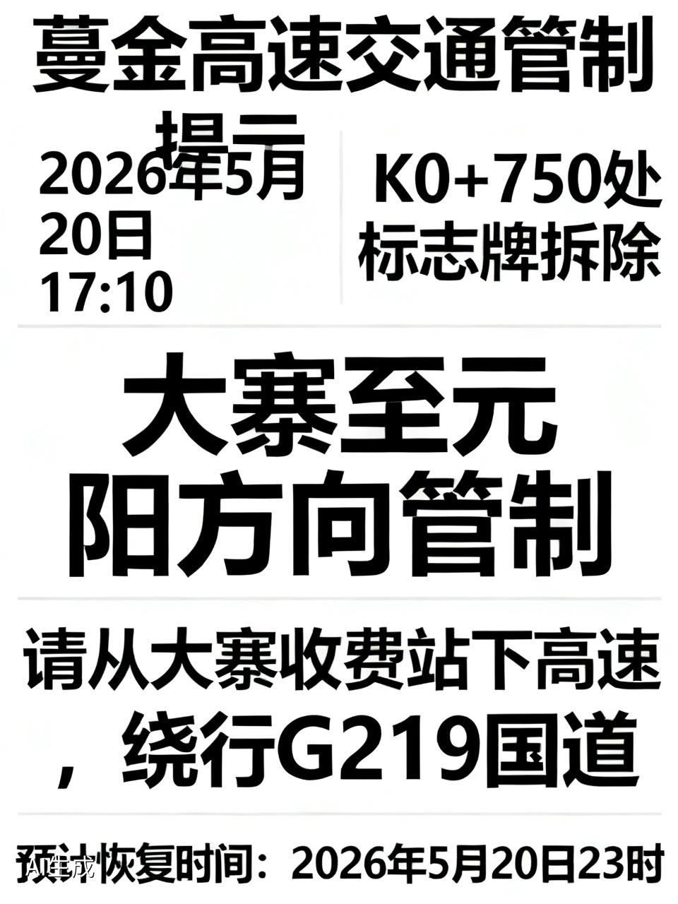 云南建投温馨提示：
2026年5月20日17：10，蔓金高速将对K0+750处的