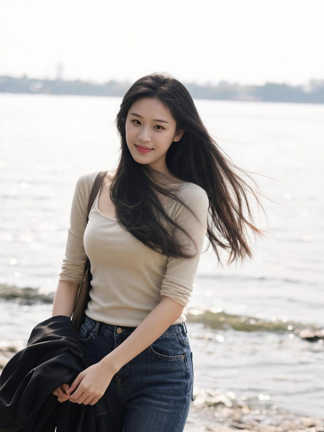 这发丝被风吹得像有了自己的想法，完全不听“重力”指挥！背景的江水倒是挺老实，就差