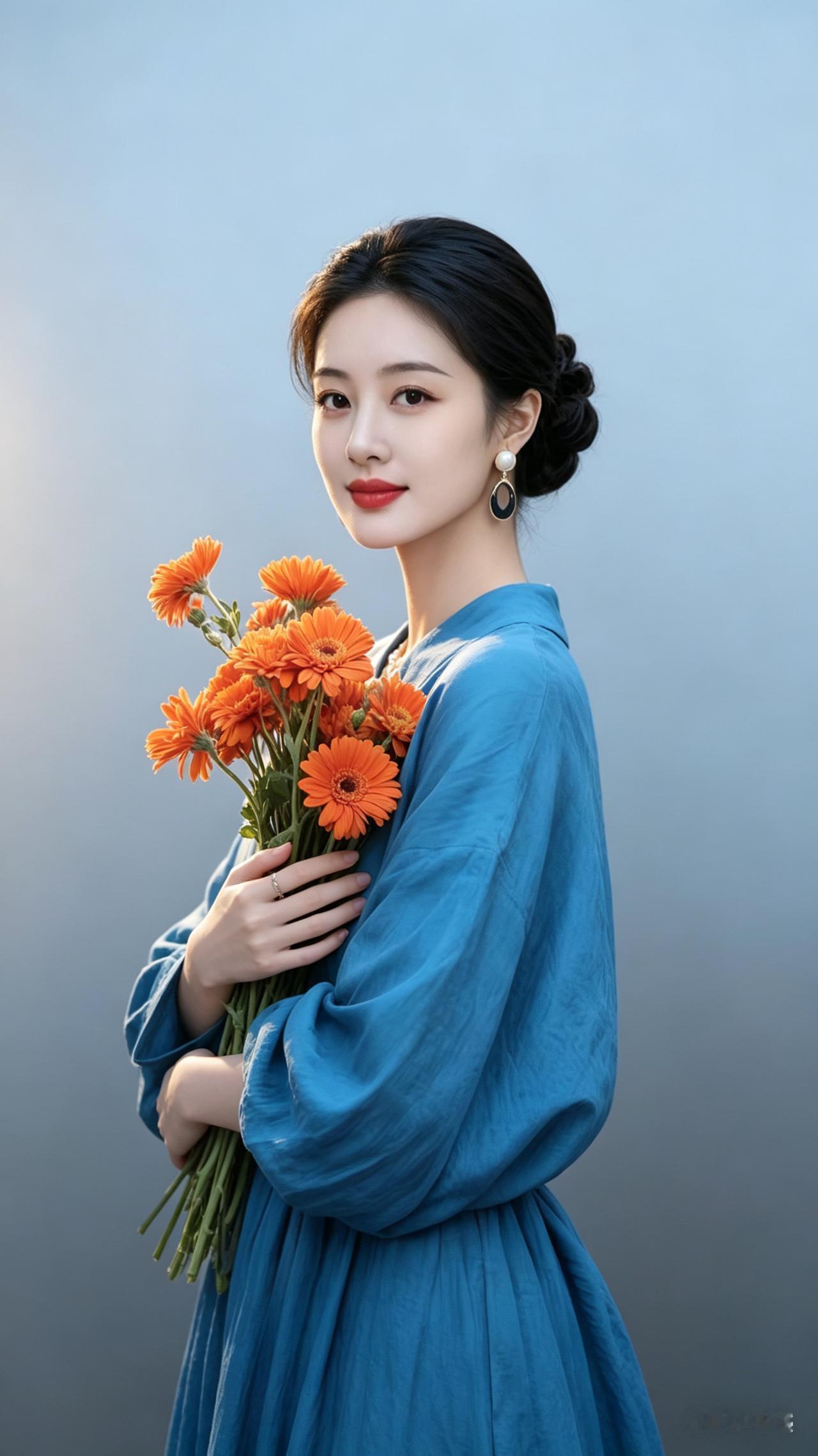 优雅女子侧身而立，利落盘发，身着蓝色宽松连衣裙，双手于胸前环抱饱满橙色非洲菊，浅
