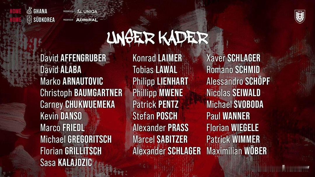 奧地利國家隊最新名單🧾🇦🇹球隊會喺3月27號對加納，3 月 31 號對南韓