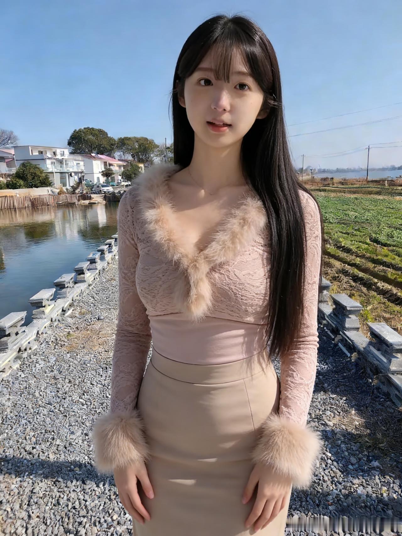 郊野晴光里，佳人立水旁。
蕾丝凝浅粉，毛领缀轻霜。
长发垂青陌，明眸映碧塘。
笑