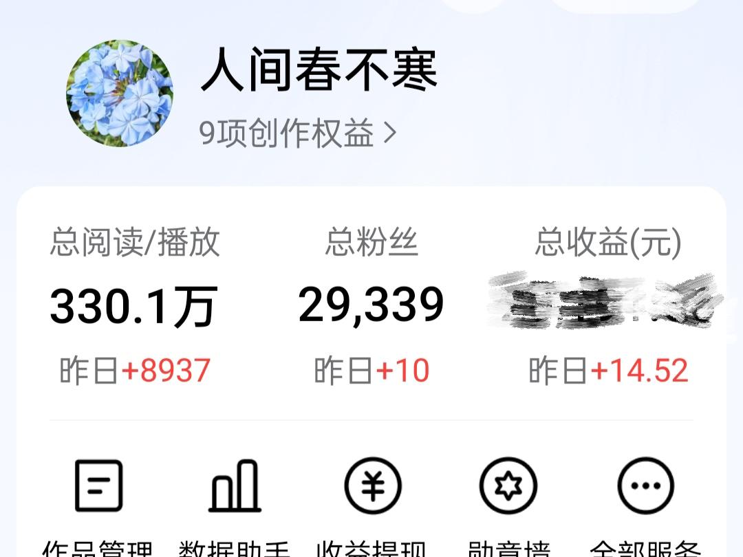 今天头条创作收益4.83元，阅阅读量8937，新增粉丝10位，千次阅读单价 0.