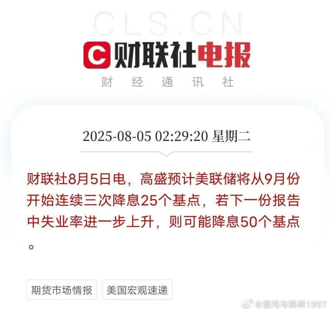高盛预计美联储将从9月份开始连续三次降息25个基点，若下一份报告中失业率进一步上