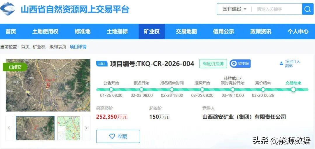 潞安集团以25.235亿元的价格，成功竞得山西省襄垣县王村区块煤炭探矿权。另外潞
