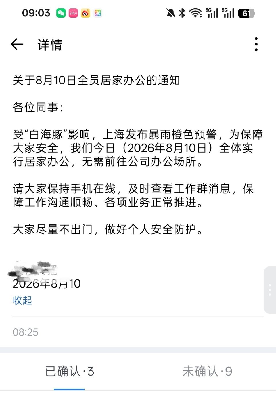 上海这会儿风大雨大，刚用AI写了个通知，通知今天全员居家办公。白海豚 上班早就想