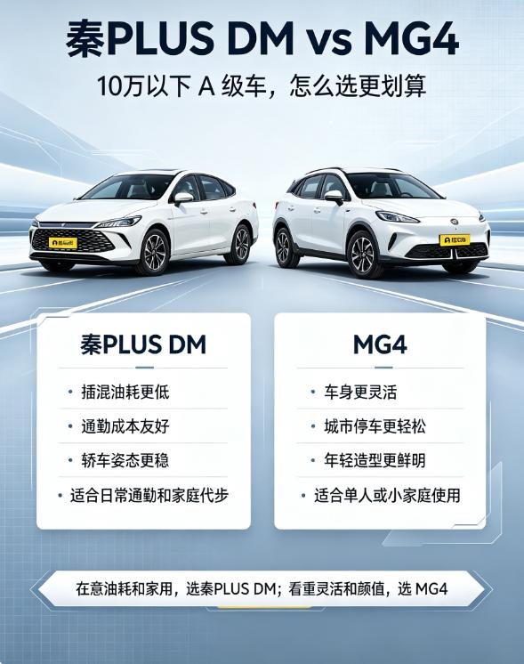 秦PLUS DM对比MG4怎么选？两台都是A级车，价格都卡在10万以内，6月销量