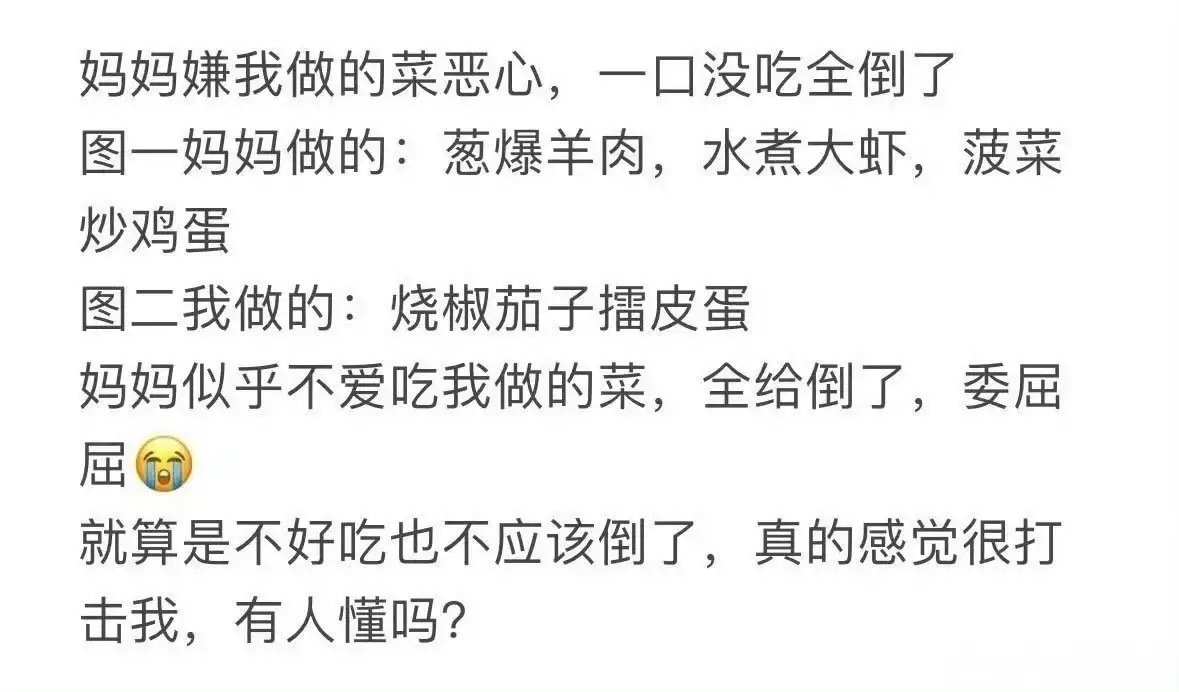 妈妈嫌弃我做的菜恶心，一口没吃全倒掉了 