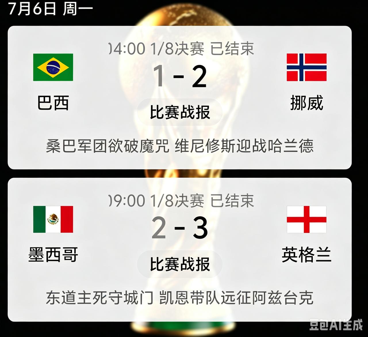 今天的两场比赛中，挪威和英格兰成功挺进八强。
1、挪威2:1战胜巴西，英格兰3: