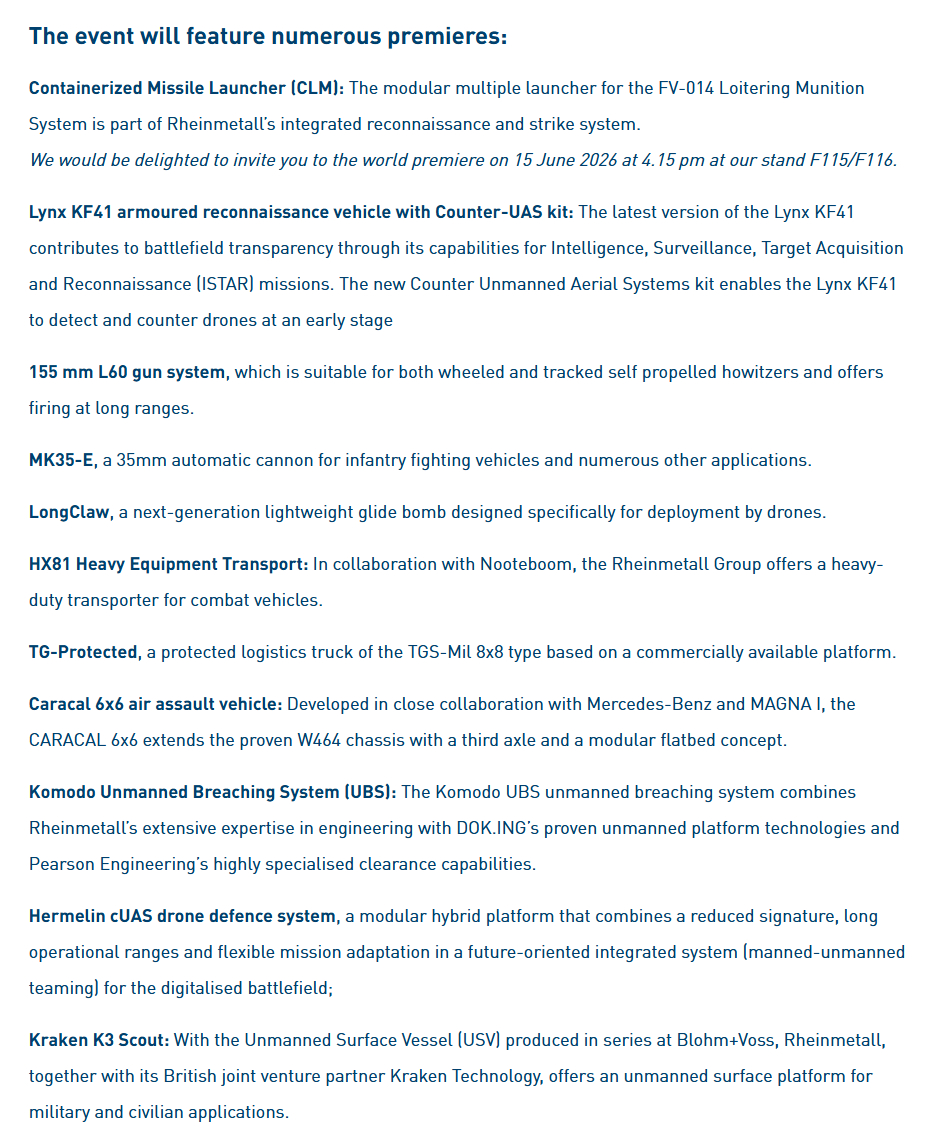 烽火问鼎计划 德国🇩🇪莱茵金属公司计划在今年Eurosatory 26防务展