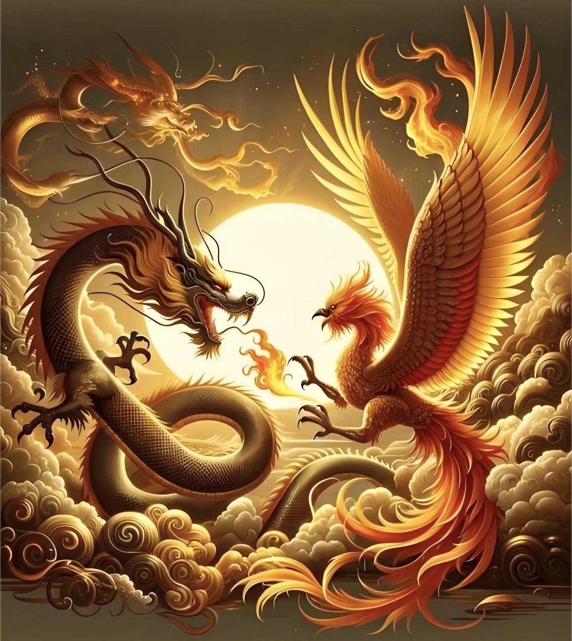 “龙吟九霄惊天地”这上联，气势磅礴。忽想起在洪荒传说中，祖龙与元凤的争斗的场面，