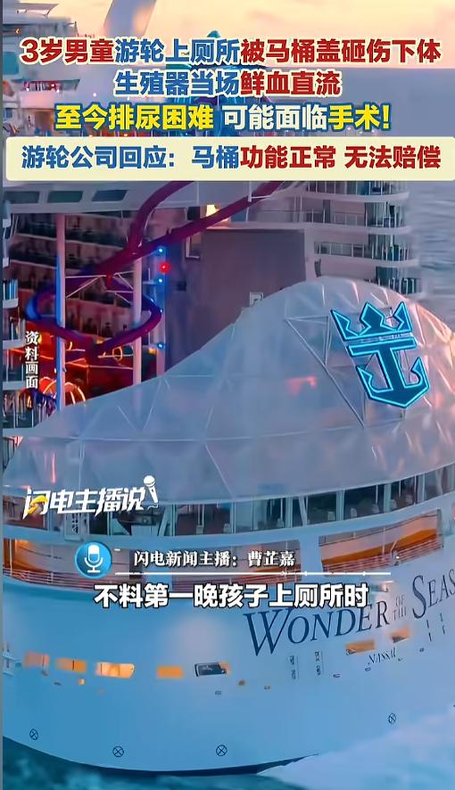 “太疼了！”7月16日报道，湖南一家人乘坐皇家加勒比游轮出海，3岁的孩子在上厕所
