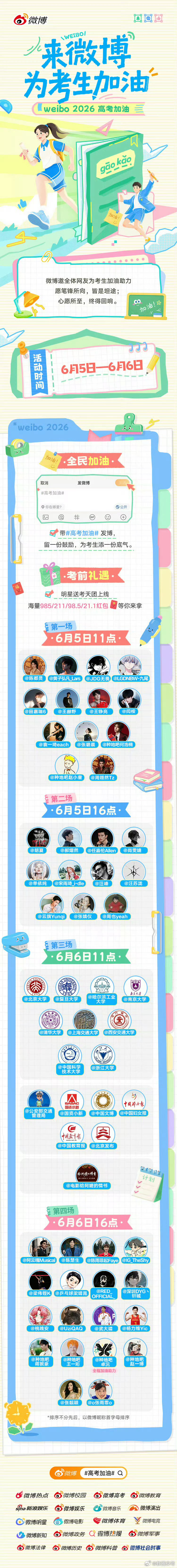 高考加油明星红包高考加油明星红包雨6月5日-6月6日，2026微博考前助力活动正