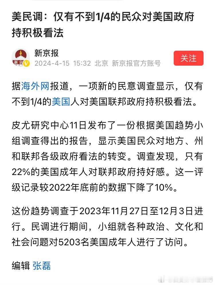 媒体:   美民调，仅有不到1/4的民众对美国政府持积极看法。[黑线][黑线][