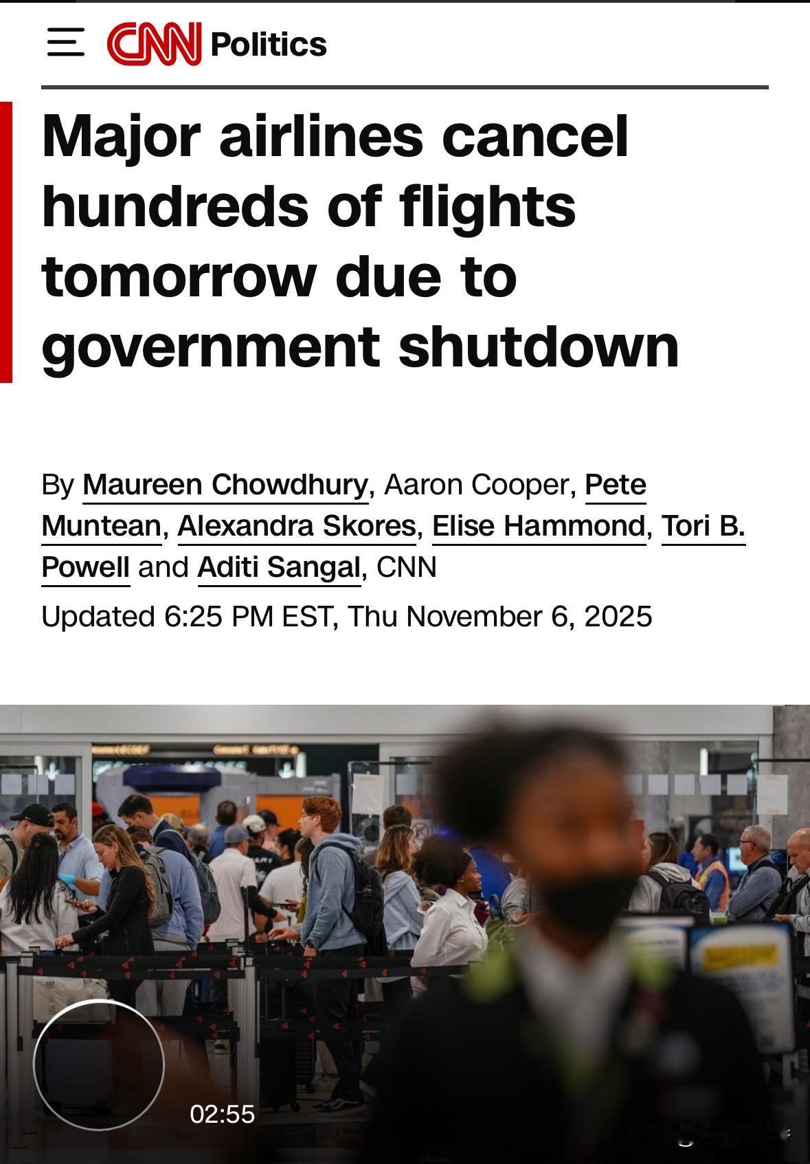 因美国政府停摆，美多家航空公司的数百架航班被取消，包括纽约，芝加哥和亚特兰大等地